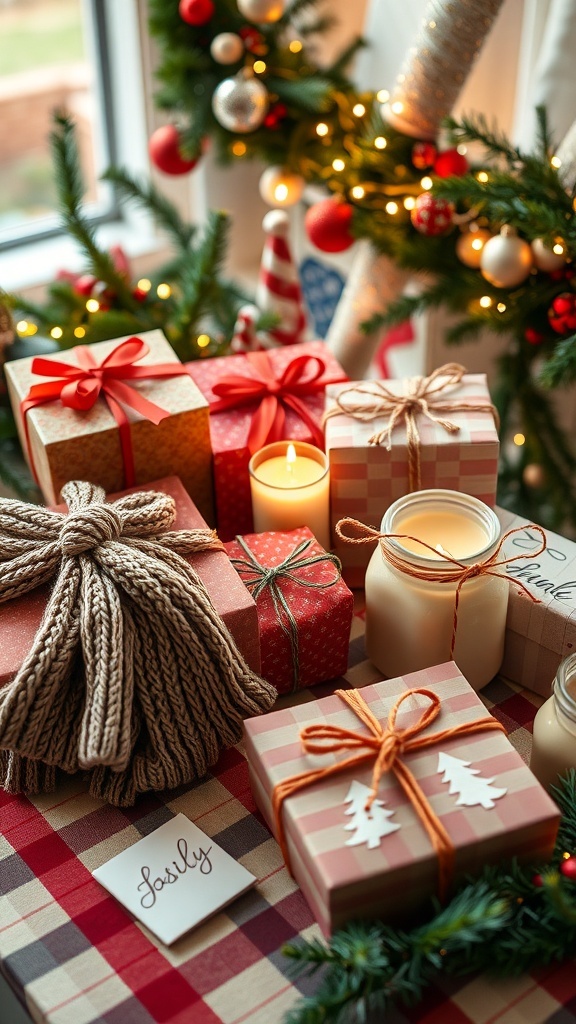 A variety of handmade Christmas gifts including scarves, candles, and photo albums on a festive table.